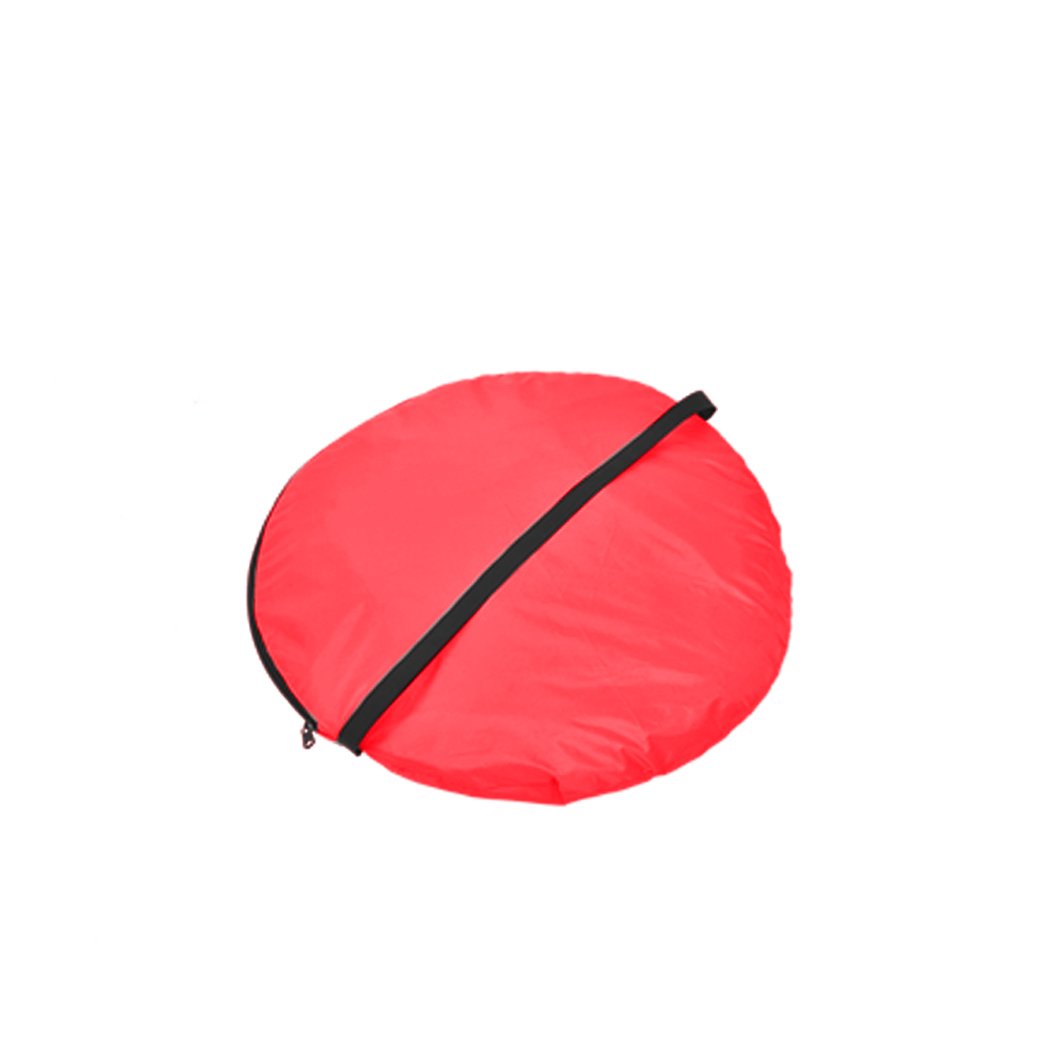 Mountvie Pop Up Tent in red color, spacious enough for 4 people, set up on a beach with a carry bag beside it.